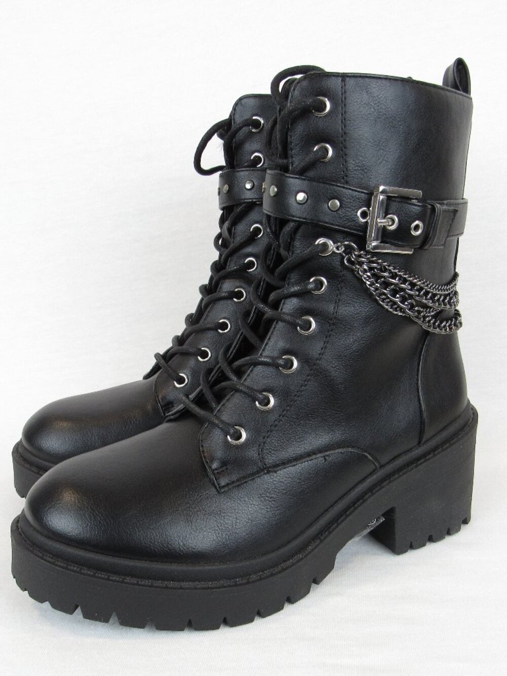Pop Combat Boots Aurorah Women's 8 M Decorative Chain Strap Chunky Sole Black